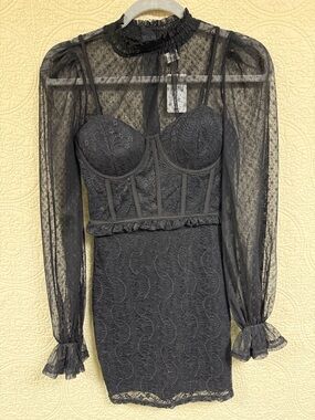 Windsor Black Lace Bustier Mini Dress with Sheer Long Sleeves